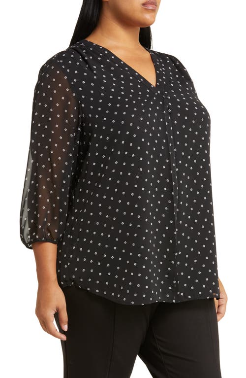 Shop Jones New York Pleated V-neck Three-quarter Sleeve Top In Jones Black/jones White