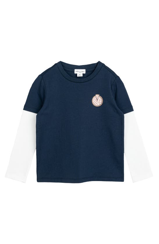 Miles The Label Kids' Pizza Layered Long Sleeve Organic Cotton Graphic Tee In 604 Navy