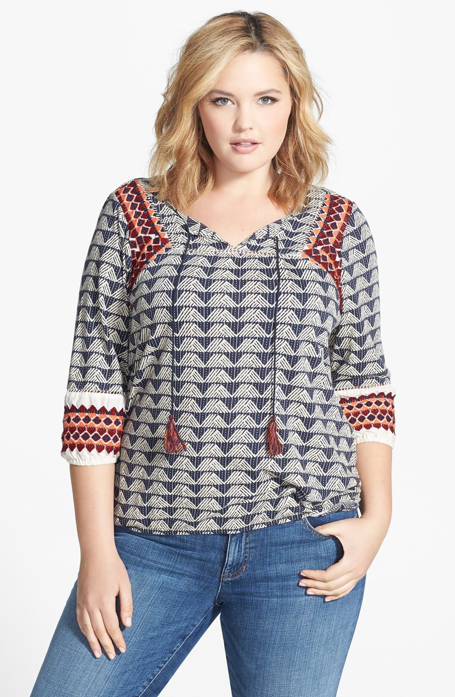Lucky Brand Embroidered Split Neck Top (Plus Size) | Nordstrom