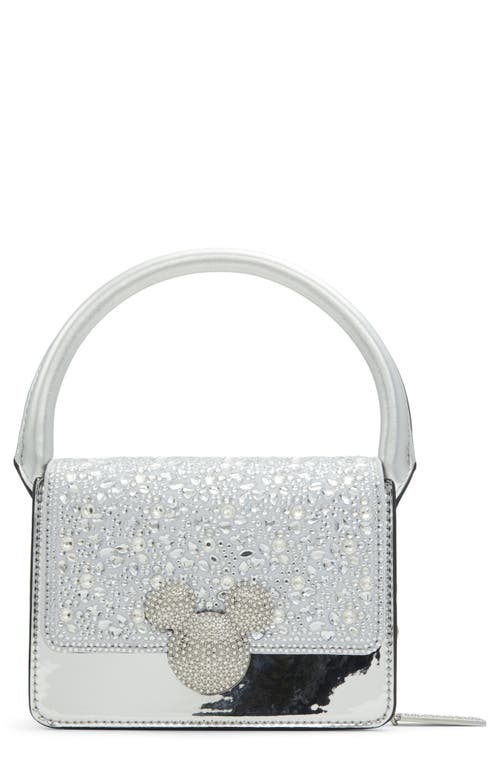 x Disney Crystal Encrusted Metallic Faux Leather Top Handle Bag in Light Silver