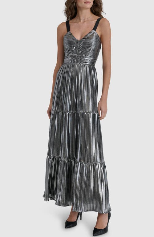 Shop Dkny Foil Plissé Sleeveless Maxi Dress In Silver