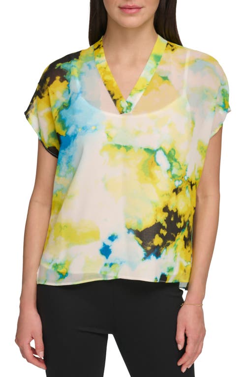 DKNY Print Chiffon Top in Limonata/Electric Blue Multi at Nordstrom, Size X-Small