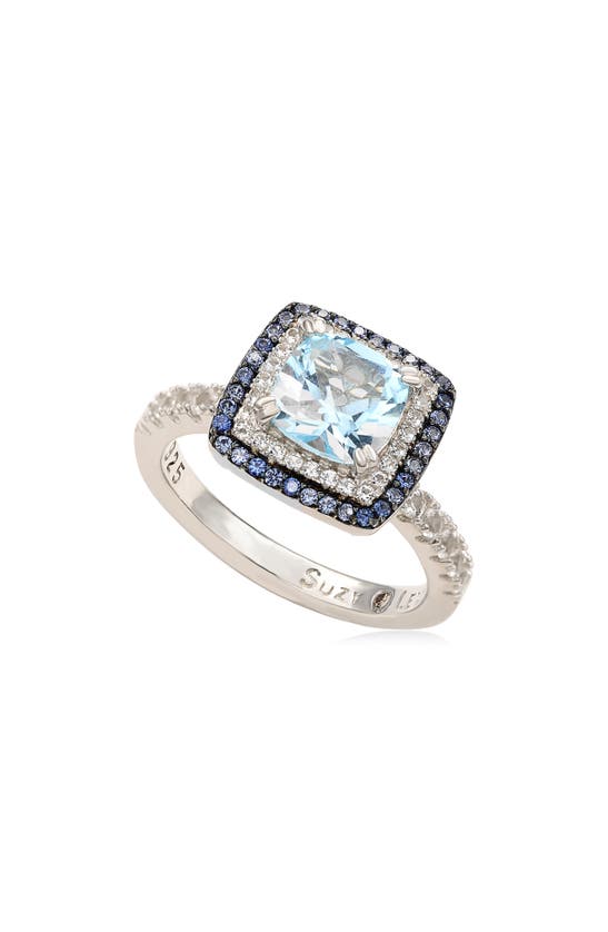 Suzy Levian Cushion Cut Semiprecious Stone & White Topaz Double Halo Ring In Blue