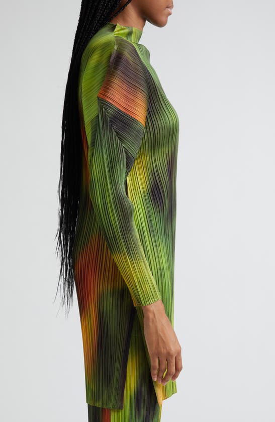 Shop Issey Miyake Abstract Print Pleated Long Sleeve Dress In Spinach