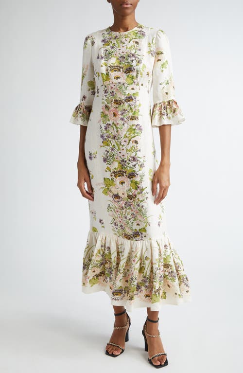 Zimmermann Halliday Floral Frill Sleeve Linen Dress Cream Multi at Nordstrom,