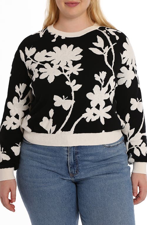 Minnie Rose Plus Size Cotton Blend Long Sleeve Reversible Floral Crew Sweater In Black/starch