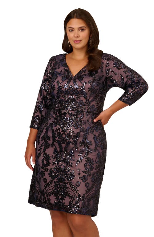 ADRIANNA PAPELL ADRIANNA PAPELL SEQUIN V-NECK SHEATH COCKTAIL DRESS