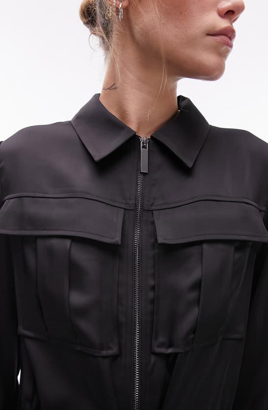 Shop Topshop Long Sleeve Satin Cargo Jumpsuit In Black