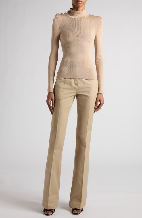 Tom Ford Button Shoulder Rib Turtleneck Top In Soft Beige