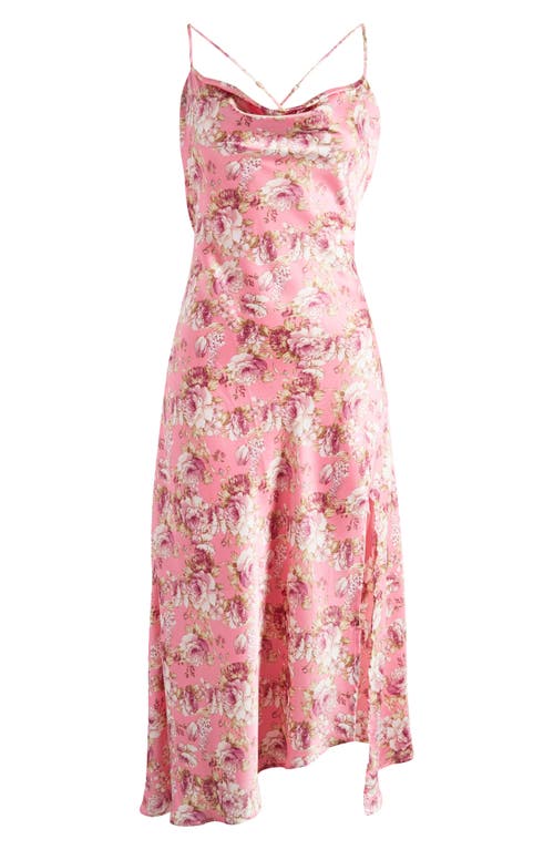 ASTR the Label Gaia Strappy Bias Cut Satin Midi Dress in Icy Pink Floral