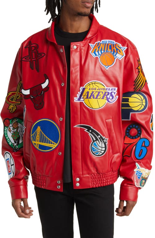 NBA Collage Faux Leather Jacket in Red