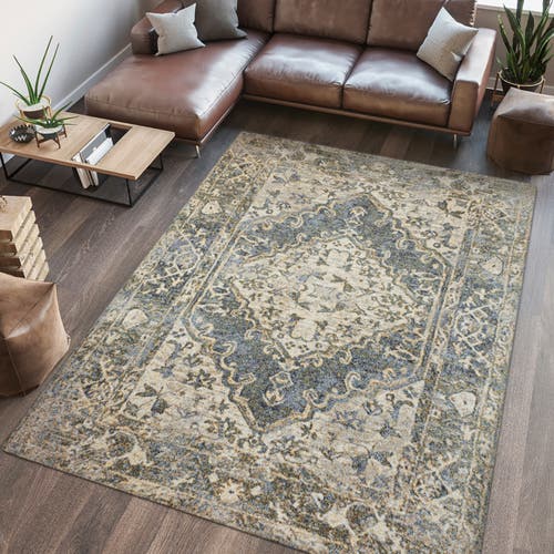 Jonathan Y Pavel Distressed Medallion Low-pile Machine-washable Area Rug In Blue/cream