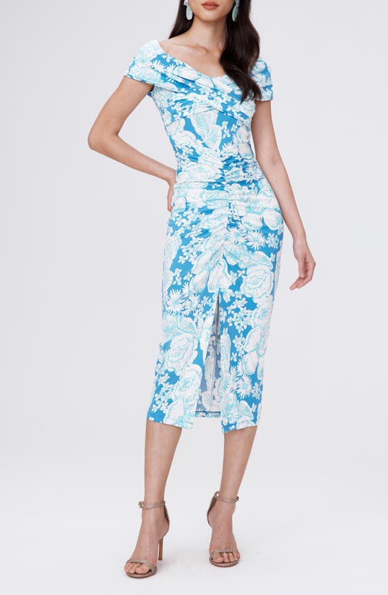 Shop Dvf Diane Von Furstenberg Stephen Floral Portrait Neck Midi Dress In June Bloom Blue