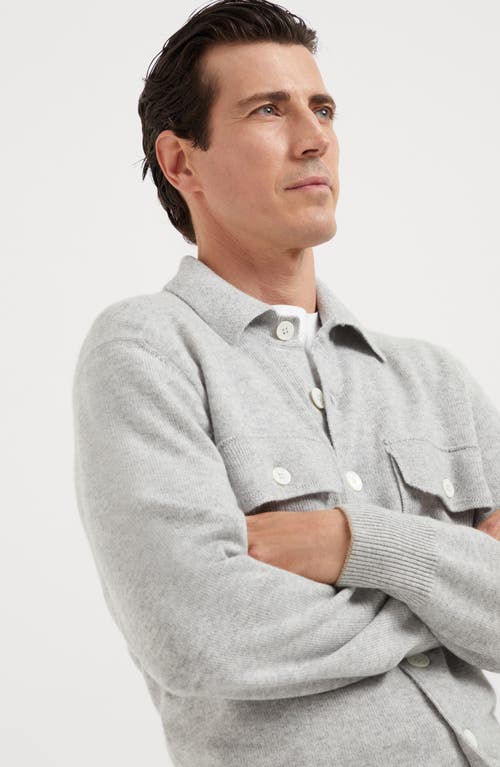 Shop Brunello Cucinelli Cashmere Shirt-style Cardigan With Chest Pockets In Pebble