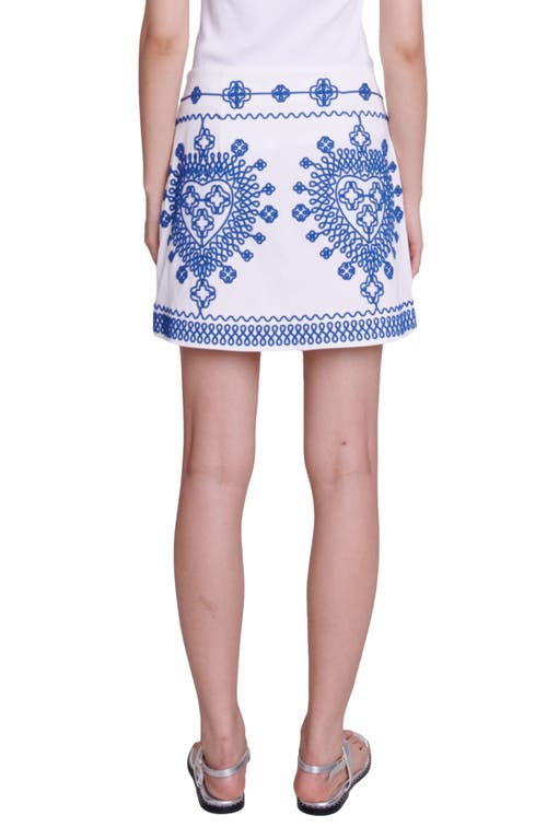 Shop Maje Jhodes Embroidered Cotton Miniskirt In White/blue