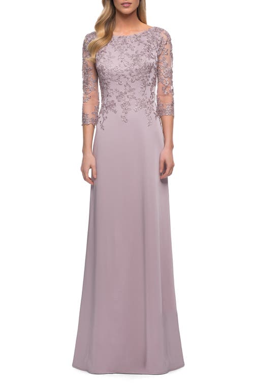 La Femme Jersey Gown with Boat Neckline and Lace Detailing in Light Mauve 