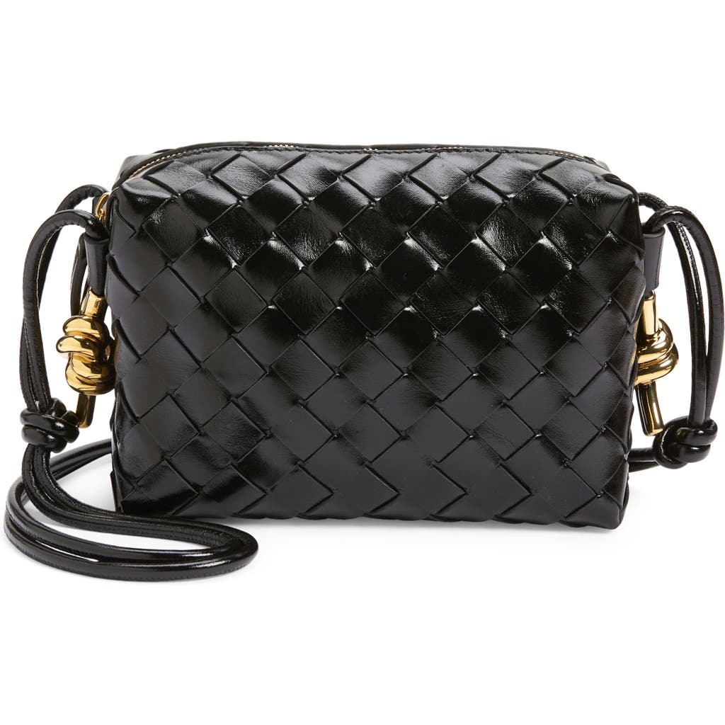 Bottega Veneta Mini Knot Detail Intrecciato Leather Crossbody Bag In Black Brass