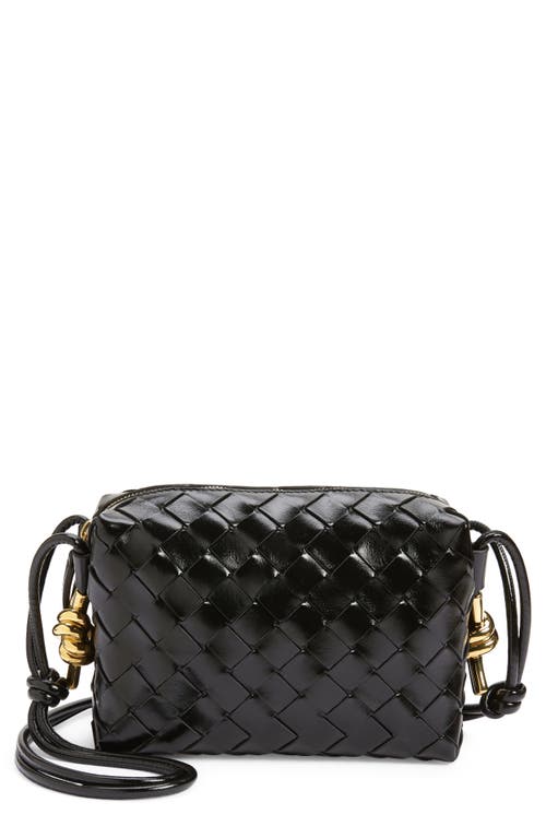 Bottega Veneta Mini Knot Detail Intrecciato Leather Crossbody Bag In Black Brass