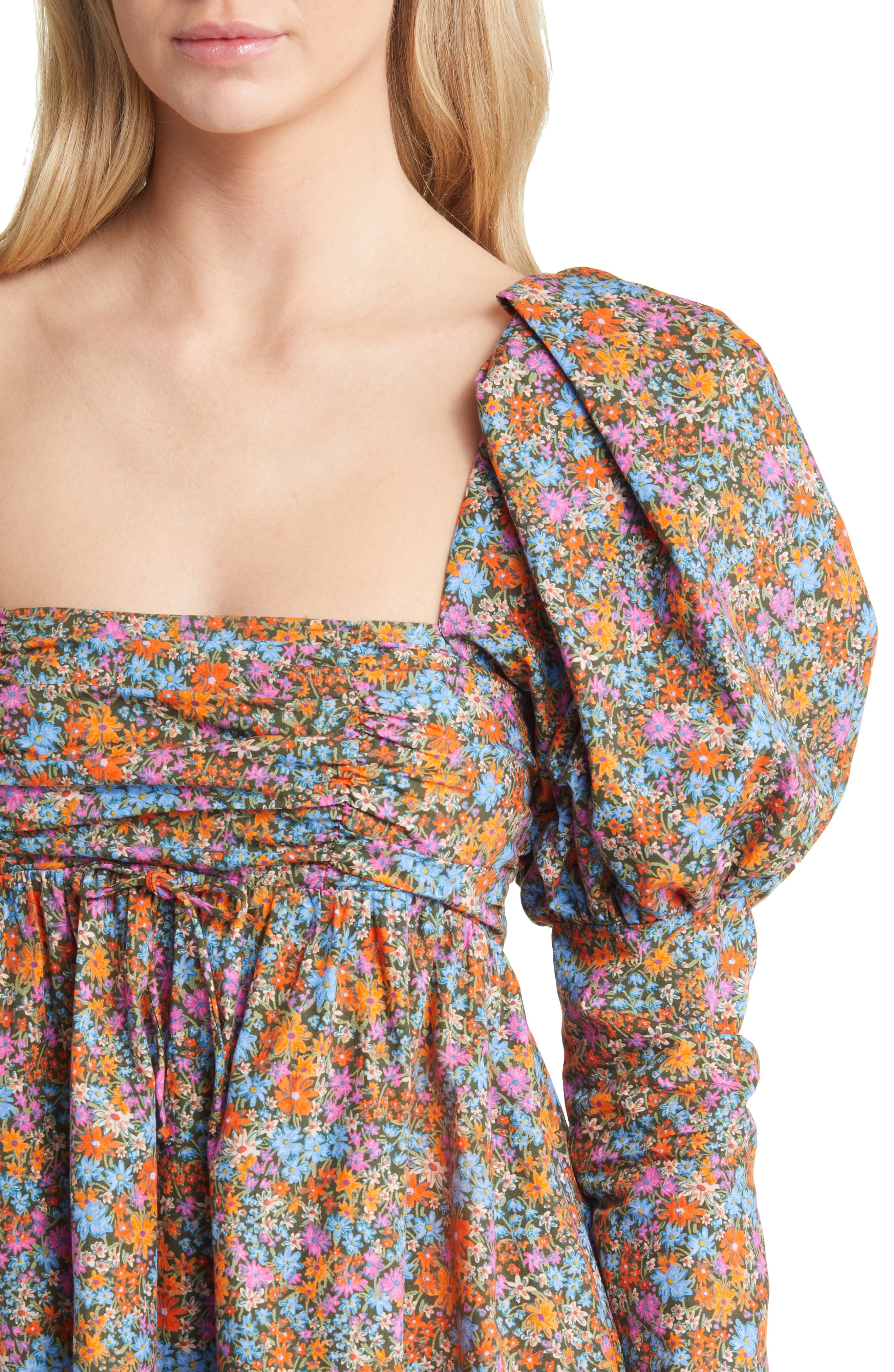 For Love & Lemons Brittany Floral Long Sleeve Organic Cotton Babydoll Minidress  in Blue | Smart Closet