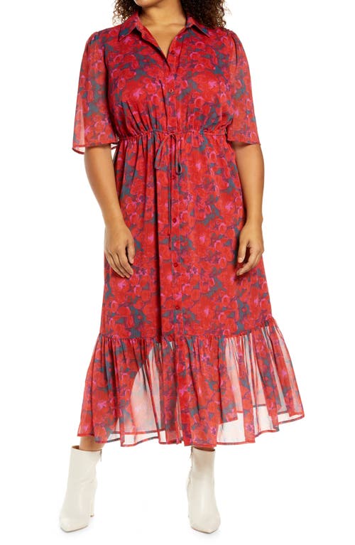 Halogen(R) Floral Crinkle Chiffon Shirtdress in Red Abstract Peonies