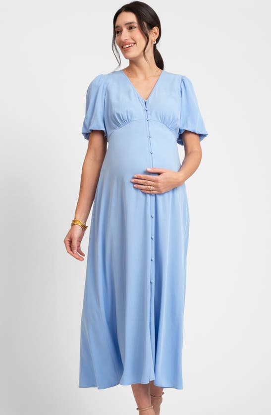 Seraphine Puff Sleeve Button-up Maternity Midi Dress In Blue