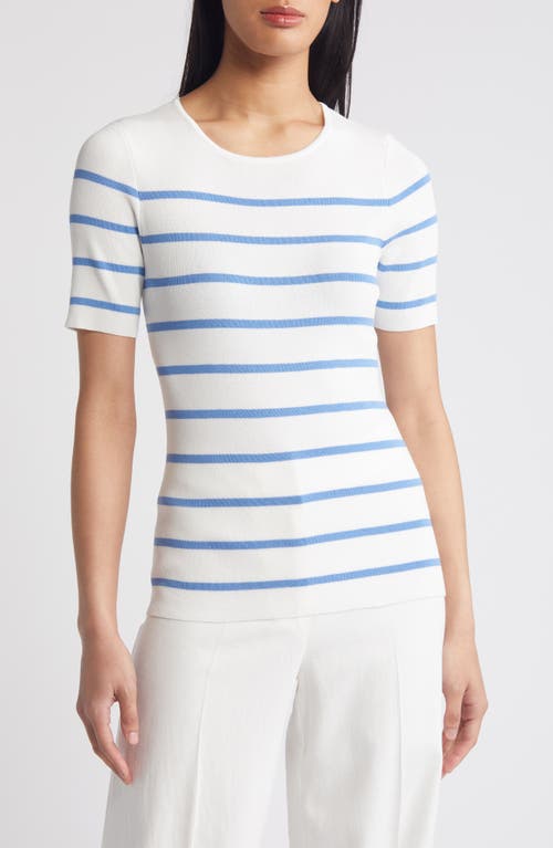 Tahari Asl Stripe Short Sleeve Sweater In Ivory Summer Sky