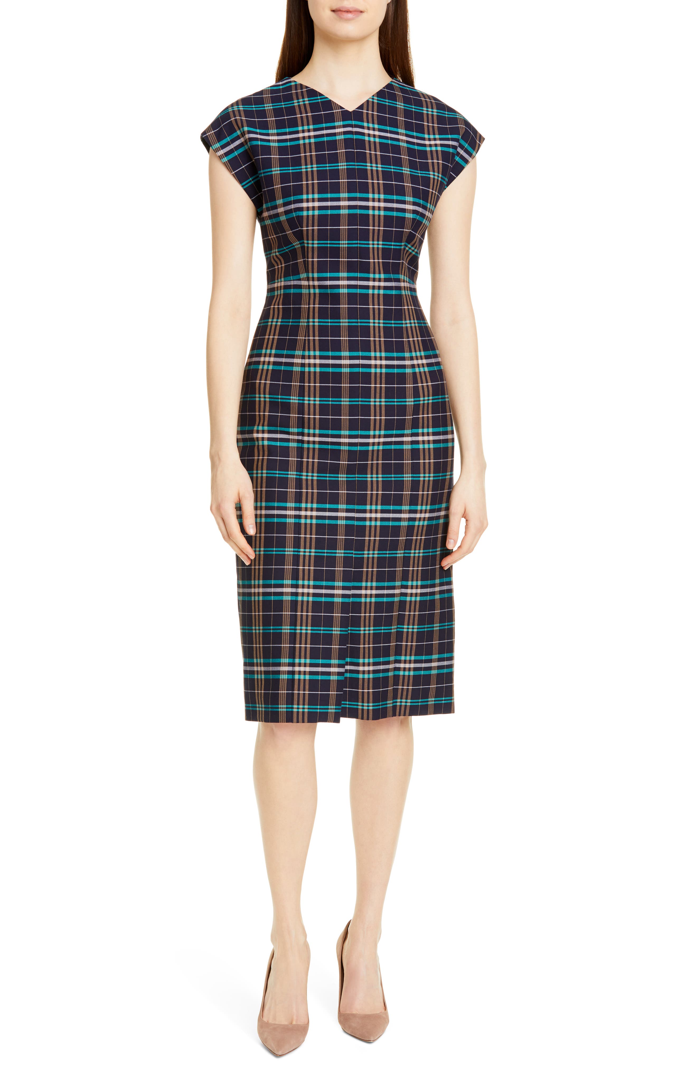 Petite Boss Daela Plaid Stretch Cotton Dress, P - Blue