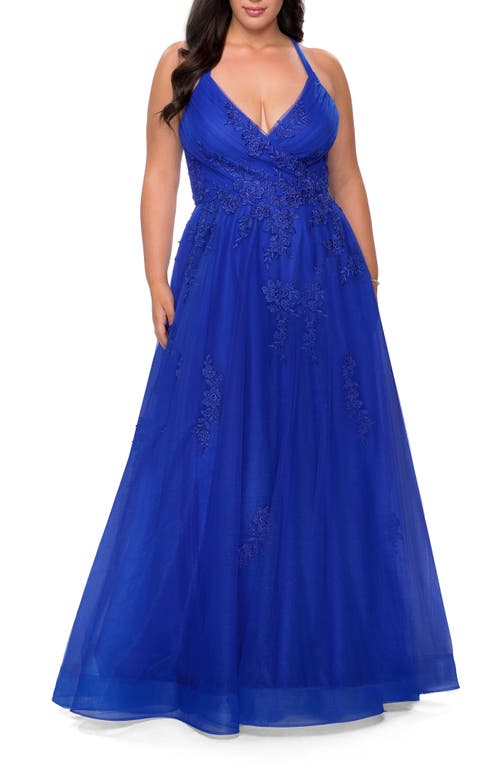 Embroidered & Beaded Tulle Ballgown in Royal Blue