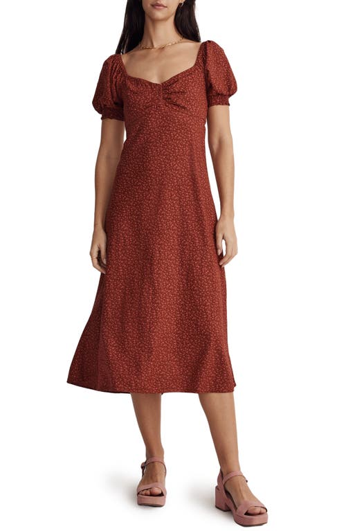Madewell Carmine Floral Sweetheart Puff Sleeve Midi Dress in Burnished Mahogany