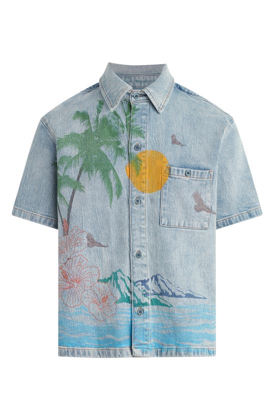 Shop Hudson Cotton Denim Graphic Camp Shirt In Indigo Palm