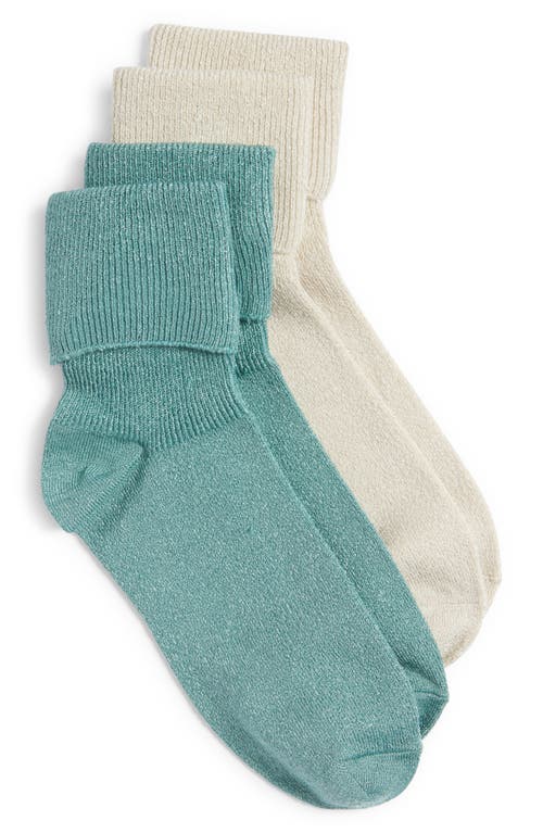 Nordstrom 2-Pack Shiny Rib Cuff Socks in Green Seaglass-Ivory