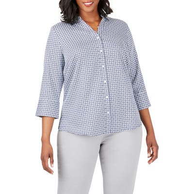 Plus Size Foxcroft Mary Status Print Wrinkle-Free Shirt, Blue