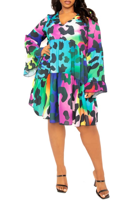 Shop Buxom Couture Animal Print Tiered Long Sleeve Shift Dress In Blue Multi