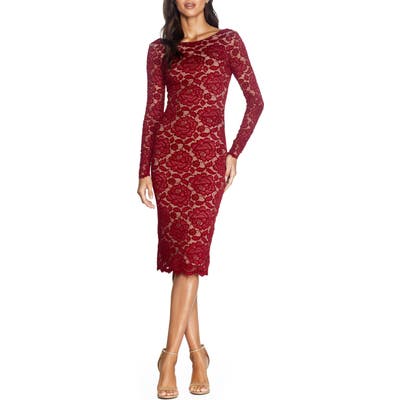 Dress The Population Emery Long Sleeve Lace Cocktail Dress, Red