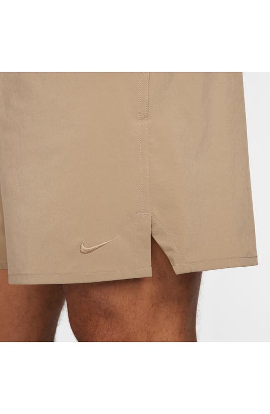 Shop Nike Dri-fit Unlimited 7-inch Unlined Athletic Shorts In Khaki/ Black/ Khaki