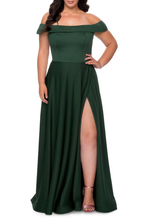 La Femme Off the Shoulder Foldover Neckline Gown in Emerald
