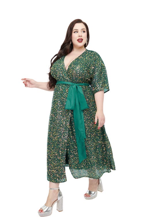 UNIQUE VINTAGE UNIQUE VINTAGE PLUS SIZE SEQUIN TIE WRAP SURPLICE MIDI DRESS 