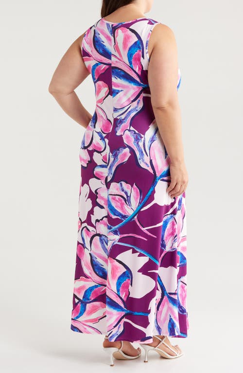 Shop 24seven Comfort Apparel Floral Square Neck Maxi Dress In Magenta Multi