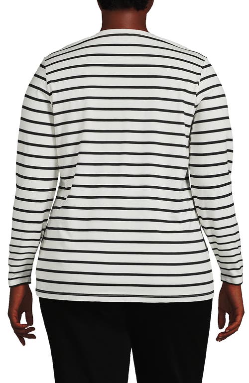 Shop Lands' End Plus Size Relaxed Supima Cotton Long Sleeve V-neck T-shirt In Ivory/black Breton Stripe