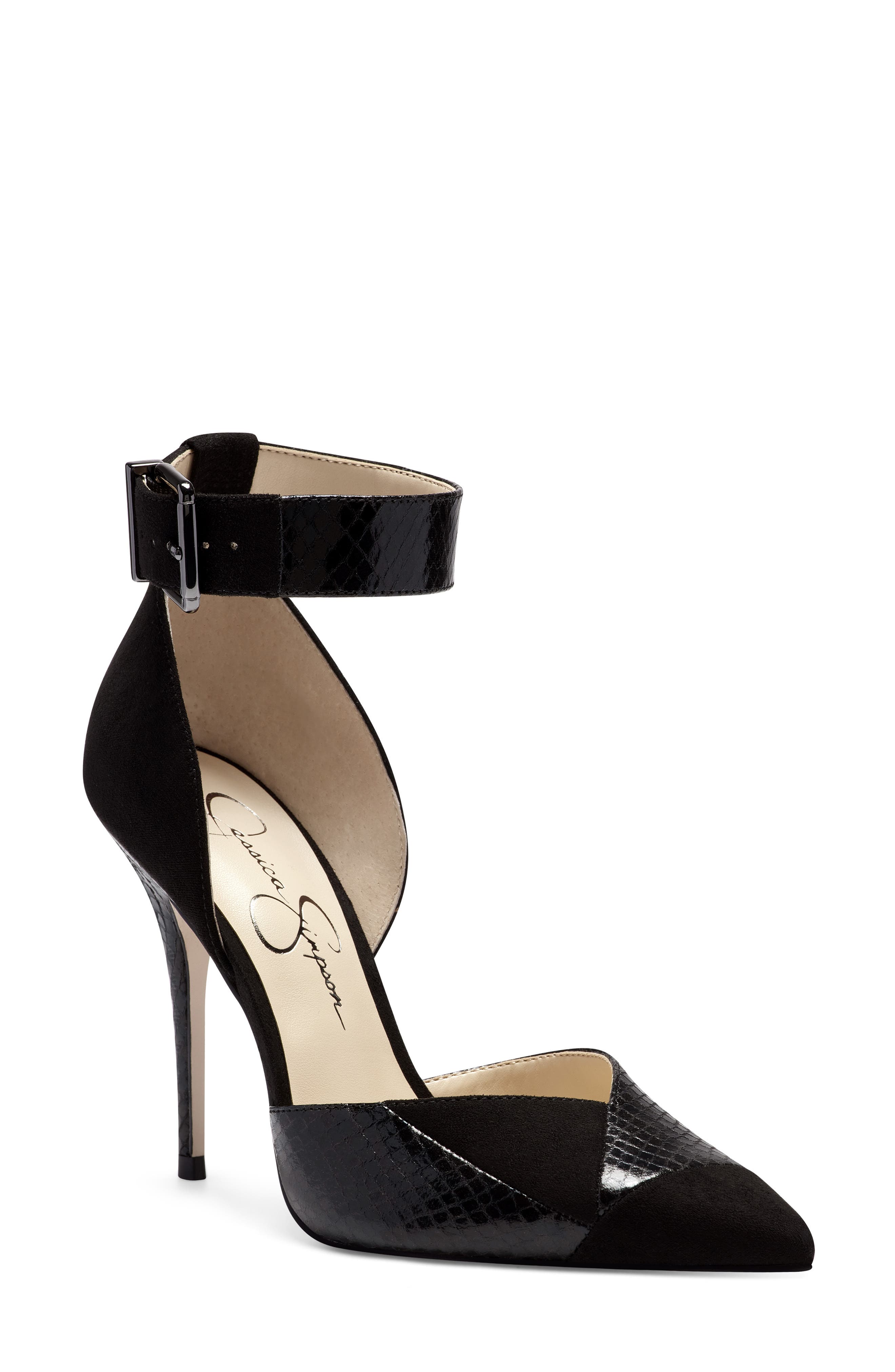 Jessica Simpson Snake Embossed Ankle Strap Pump In Black Faux Leather ...