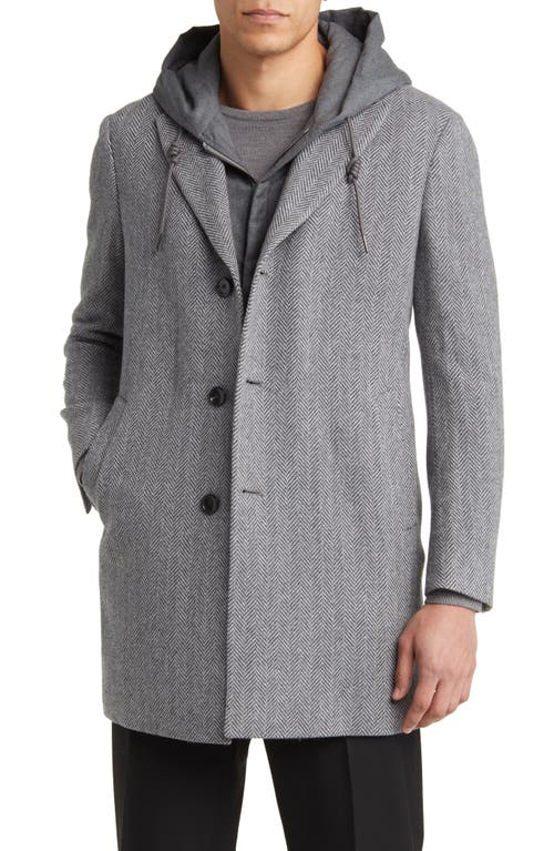 Tate Wool Blend Coat with Hooded Wool Bib in Grey Herringbone