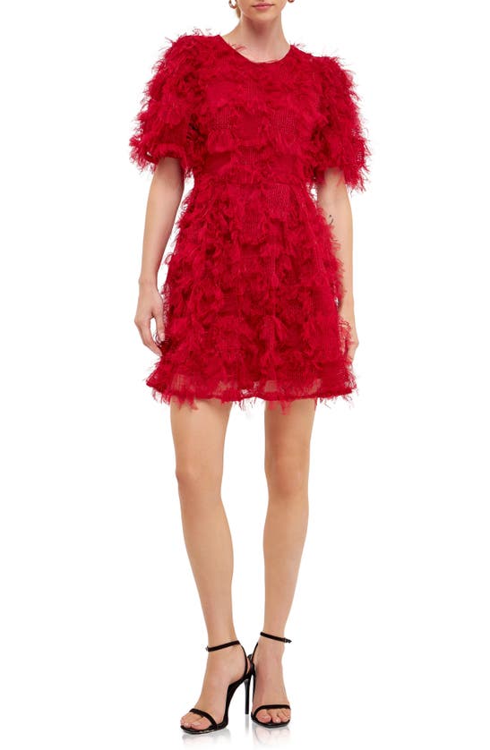 Shop Endless Rose Feathered Mesh Puff Sleeve Minidress In Wine