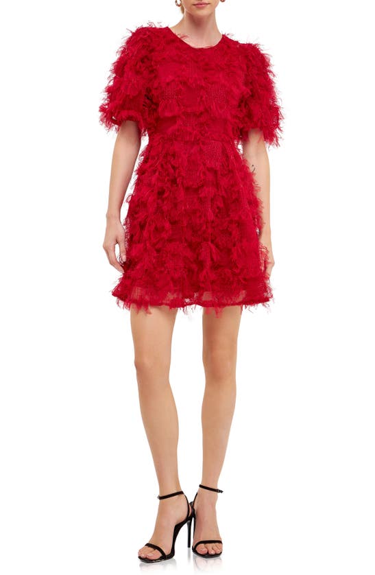 Endless Rose Feathered Mesh Puff Sleeve Minidress In Wine