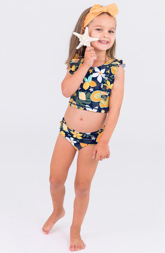 Shop Rufflebutts Into The Tropics Two-piece Swimsuit & Hat Set In Blue