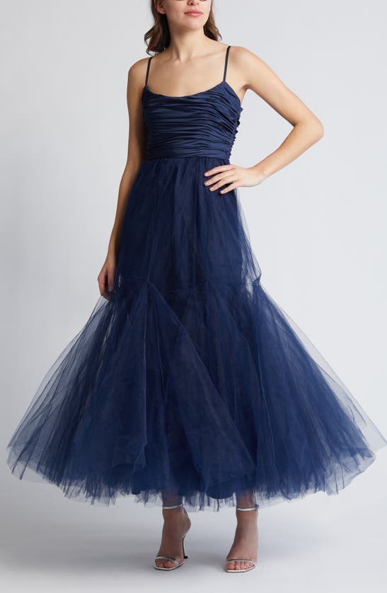 Shop Hutch Fabrice Mixed Media Gown In Navy