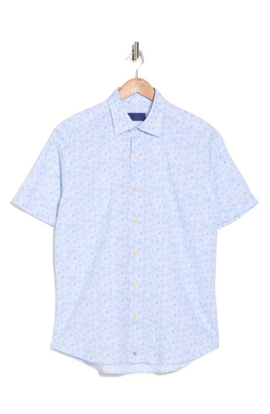 David Donahue Neat Casual Short Sleeve Button-up Shirt In Blue/ Tan