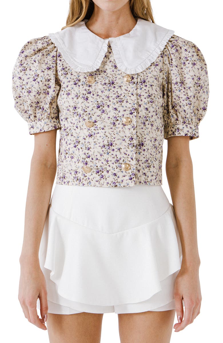 ENGLISH FACTORY Oversized Collar Floral Double Breasted Blouse, Main, color, IVORY MULTI