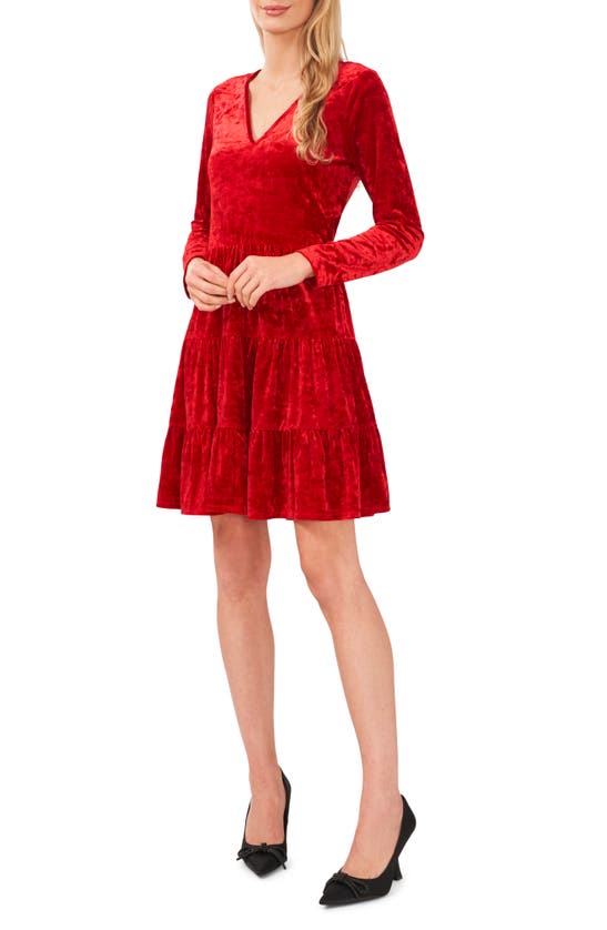 CECE LONG SLEEVE TIERED STRETCH VELVET DRESS