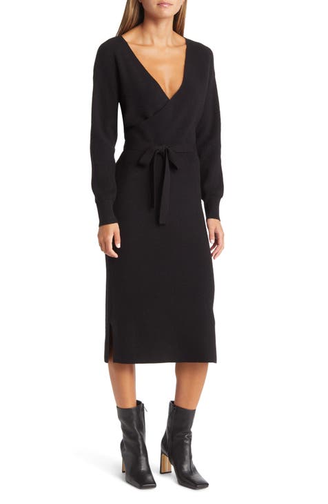 Vanity Room (Nordstrom) Wrap Tie Waist Long Sleeve Dress in Black Size Medium