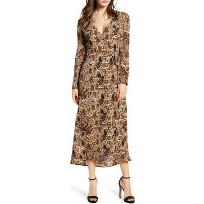 All In Favor Long Sleeve Midi Wrap Dress, Brown
